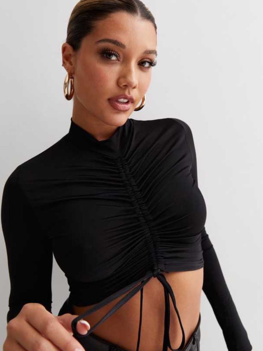Garage Black Ruched Front Tie Crop Top